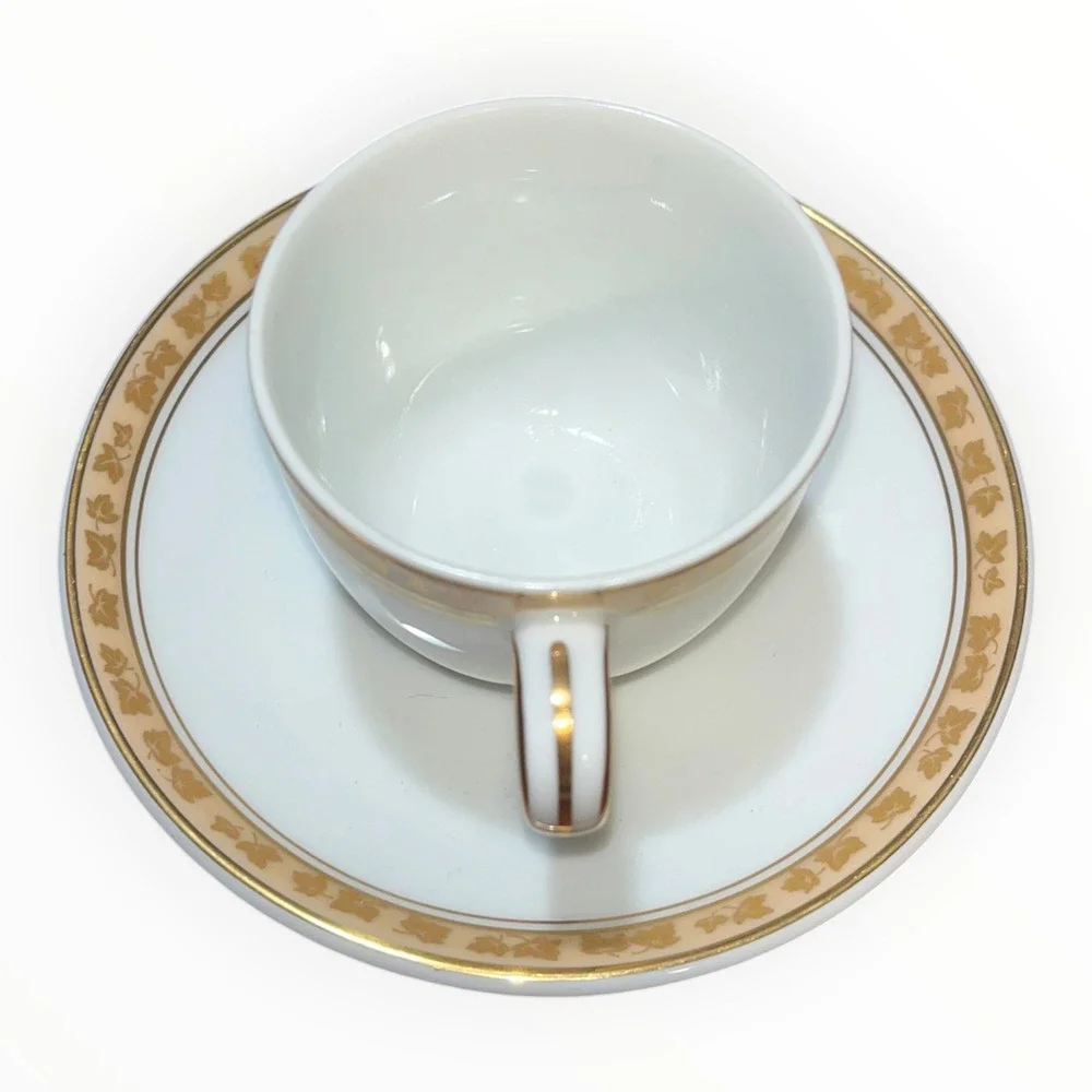 Noritake Gold Ivy Leaf Tea Cup and Saucer Set White Fine China Made in Japan